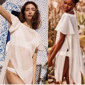 Akemi + Kin Anthro Sheer Pleated White Long Side Slit Tunic Dress 26182